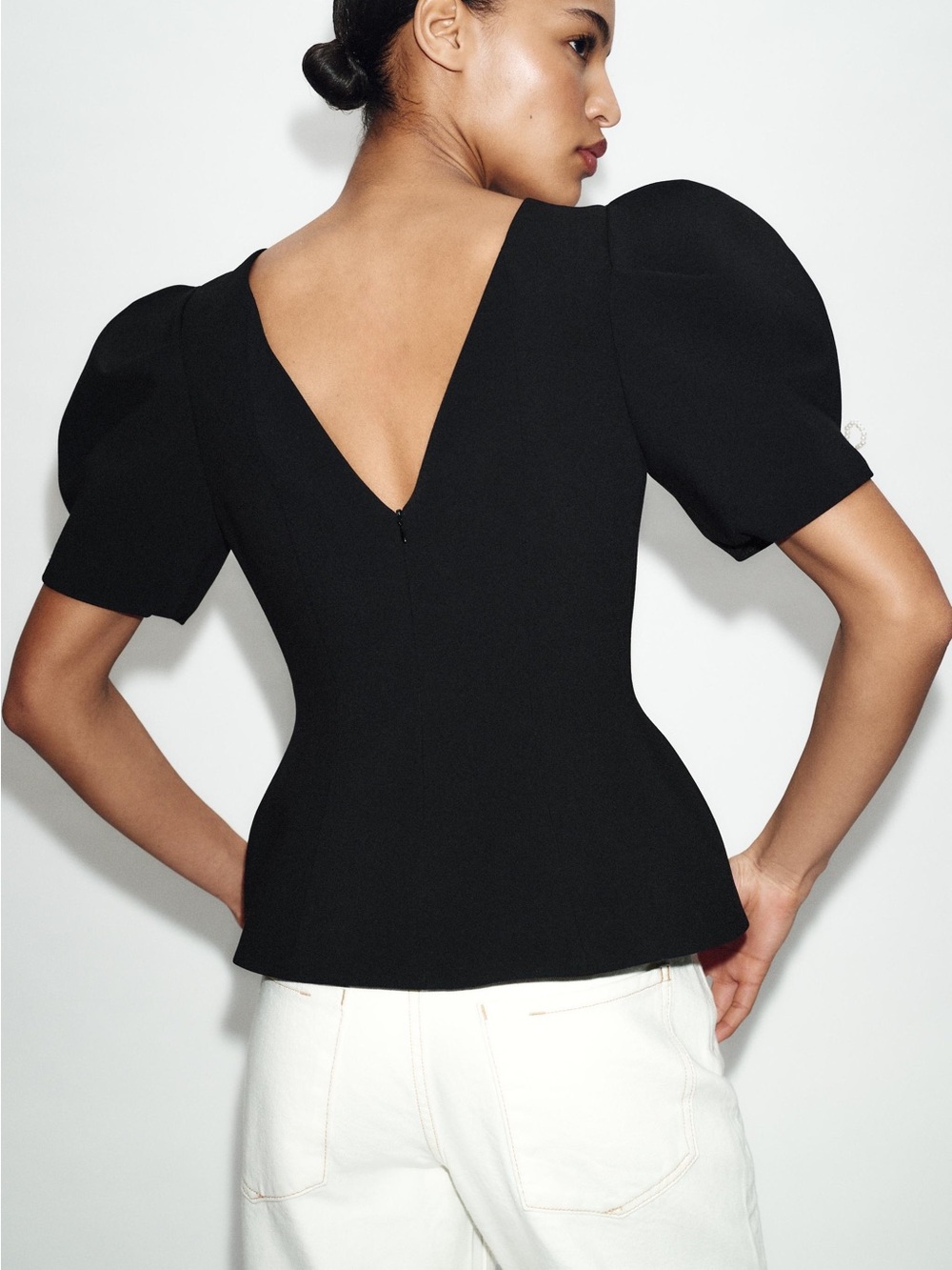 Zara Black Short Sleeve Top with Pearl Bow Sleeve